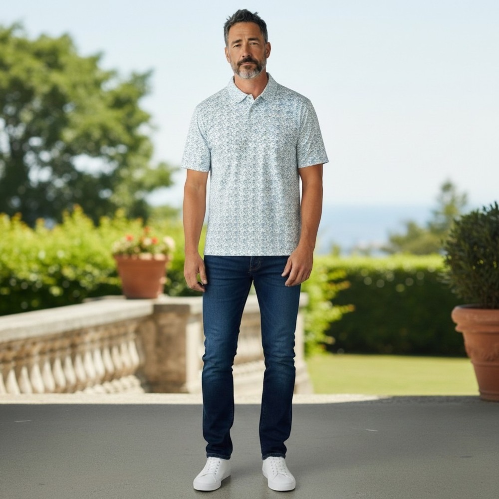 Mizzen+Main Polo Shirt Mens 2XL Versa Trim Fit White Dallas Mosaic Print NEW